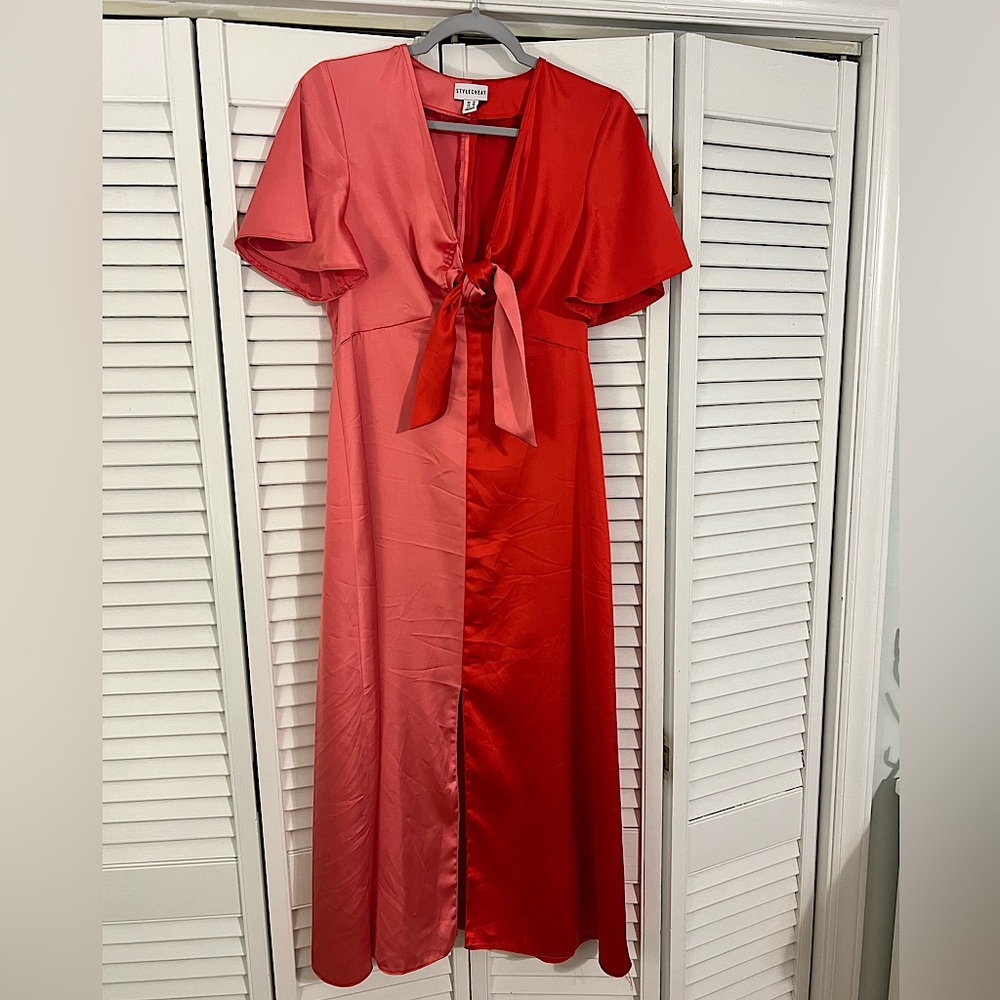 Pink/Red Colorblock Tie Front Midi Dress